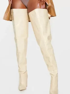 Women's Baggy Thigh High Boots Wide Stone Grain Chunky Heel Oversized Over The Knee Boots