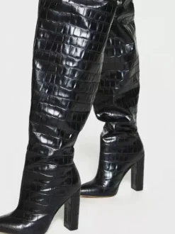 Women's Baggy Thigh High Boots Wide Stone Grain Chunky Heel Oversized Over The Knee Boots