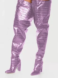 Women's Baggy Thigh High Boots Wide Stone Grain Chunky Heel Oversized Over The Knee Boots