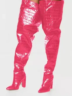 Women's Baggy Thigh High Boots Wide Stone Grain Chunky Heel Oversized Over The Knee Boots