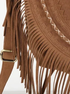 Women's Bags Khaki Faux Suede Round Adjustable Strap Fringe Zipper