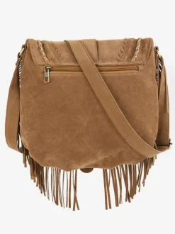 Women's Bags Khaki Faux Suede Round Adjustable Strap Fringe Zipper