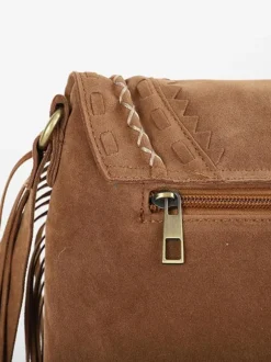 Women's Bags Khaki Faux Suede Round Adjustable Strap Fringe Zipper