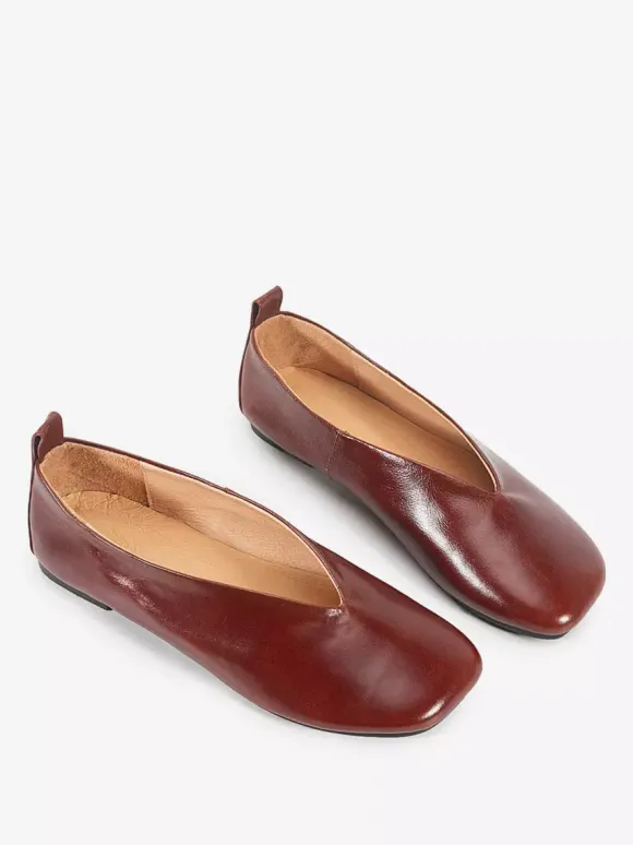 Women's Ballet Flats Genuine Leather Square Toe Slip On Shoes
