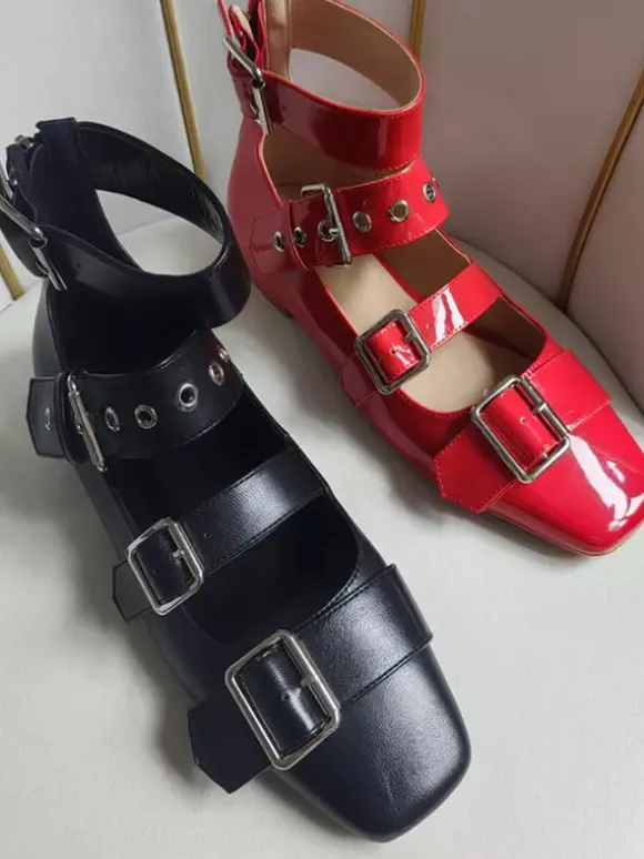 Women's Ballet Flats Suqare Toe Buckle Detail Strappy Ballerina Flat Shoes