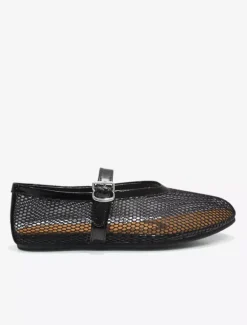 Women's Black Ballet Flats Round Toe Fishnet Mary Jane Ballerina Flats