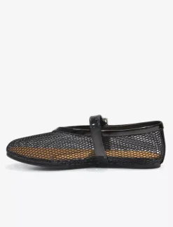Women's Black Ballet Flats Round Toe Fishnet Mary Jane Ballerina Flats
