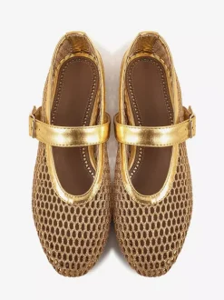Women's Black Ballet Flats Round Toe Fishnet Mary Jane Ballerina Flats
