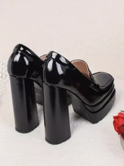 Women's Black Loafers High Heel Platform Suqare Toe Slip On Pumps
