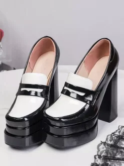 Women's Black Loafers High Heel Platform Suqare Toe Slip On Pumps