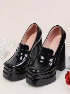 Women's Black Loafers High Heel Platform Suqare Toe Slip On Pumps