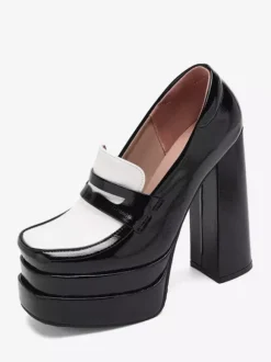 Women's Black Loafers High Heel Platform Suqare Toe Slip On Pumps