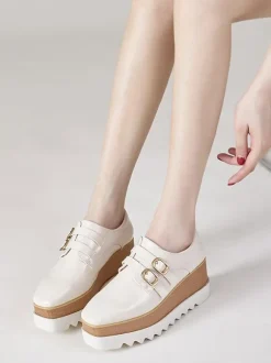 Women's Black Oxfords Square Toe Buckle Detail Wedge Heel Oxford Shoes