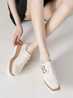 Women's Black Oxfords Square Toe Buckle Detail Wedge Heel Oxford Shoes