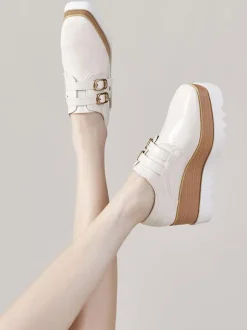 Women's Black Oxfords Square Toe Buckle Detail Wedge Heel Oxford Shoes