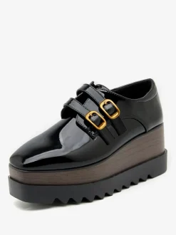 Women's Black Oxfords Square Toe Buckle Detail Wedge Heel Oxford Shoes