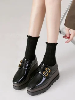 Women's Black Oxfords Square Toe Buckle Detail Wedge Heel Oxford Shoes