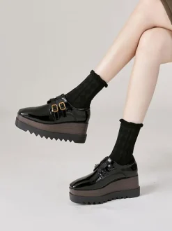Women's Black Oxfords Square Toe Buckle Detail Wedge Heel Oxford Shoes