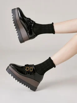 Women's Black Oxfords Square Toe Buckle Detail Wedge Heel Oxford Shoes
