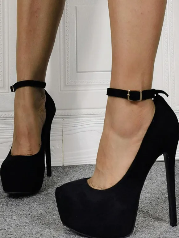 Women's Black Platform Heels Round Toe Ankle Strap Pumps