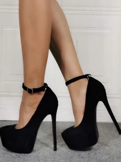Women's Black Platform Heels Round Toe Ankle Strap Pumps