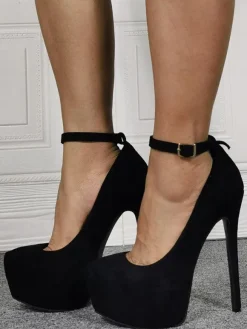 Women's Black Platform Heels Round Toe Ankle Strap Pumps