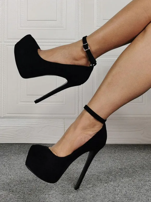 Women's Black Platform Heels Round Toe Ankle Strap Pumps