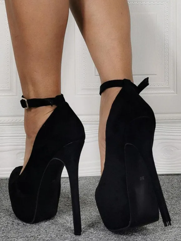 Women's Black Platform Heels Round Toe Ankle Strap Pumps