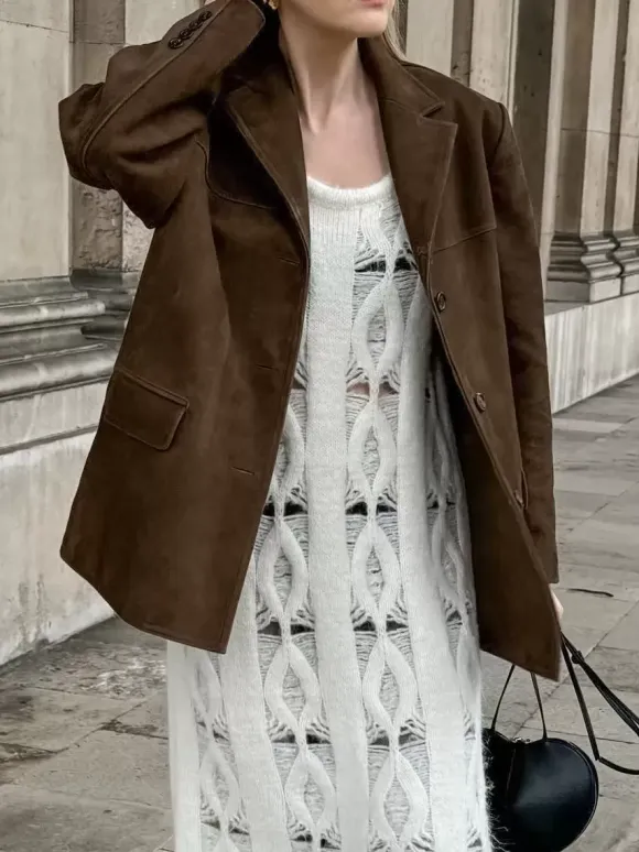Women's Blazer Modern Suede Turndown Collar Long Sleeves