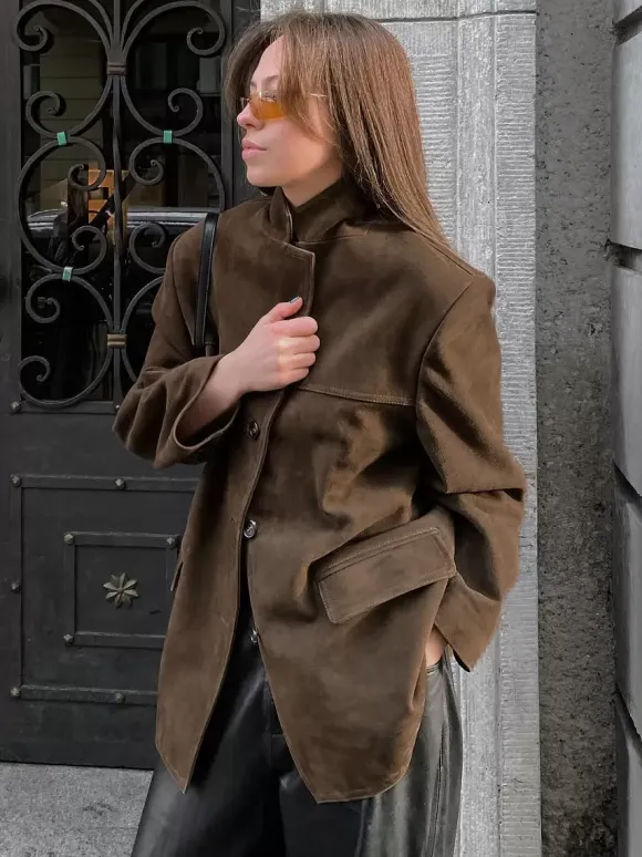 Women's Blazer Modern Suede Turndown Collar Long Sleeves