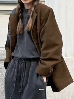 Women's Blazer Modern Suede Turndown Collar Long Sleeves