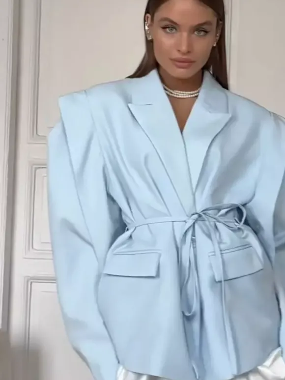 Women's Blazer Pleated Turndown Collar Buttons Long Sleeves Suit Jacket