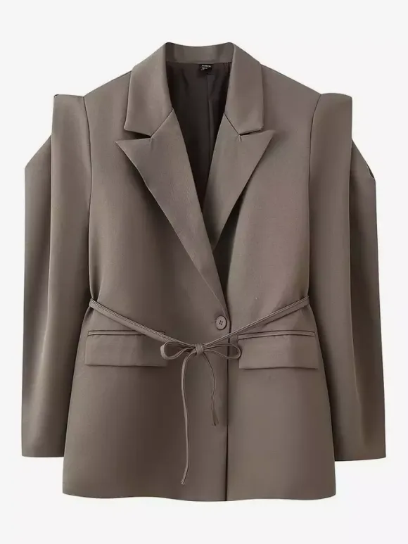 Women's Blazer Pleated Turndown Collar Buttons Long Sleeves Suit Jacket