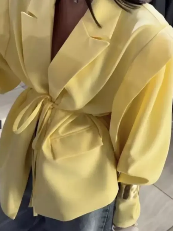Women's Blazer Pleated Turndown Collar Buttons Long Sleeves Suit Jacket