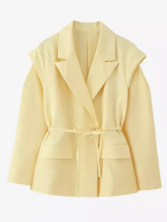 Women's Blazer Pleated Turndown Collar Buttons Long Sleeves Suit Jacket