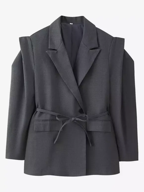 Women's Blazer Pleated Turndown Collar Buttons Long Sleeves Suit Jacket