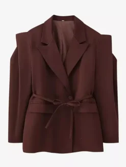 Women's Blazer Pleated Turndown Collar Buttons Long Sleeves Suit Jacket