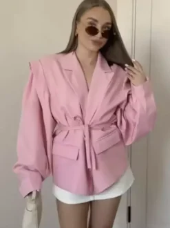 Women's Blazer Pleated Turndown Collar Buttons Long Sleeves Suit Jacket
