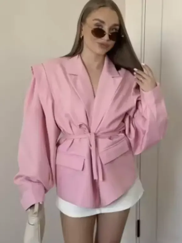 Women's Blazer Pleated Turndown Collar Buttons Long Sleeves Suit Jacket