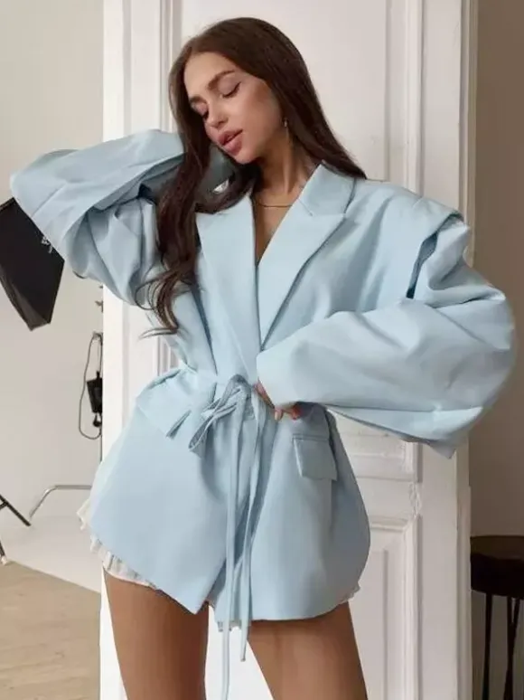 Women's Blazer Pleated Turndown Collar Buttons Long Sleeves Suit Jacket