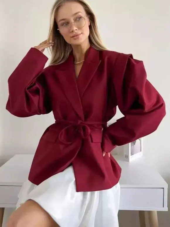 Women's Blazer Pleated Turndown Collar Buttons Long Sleeves Suit Jacket