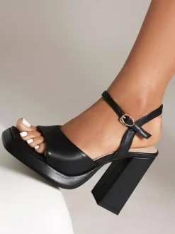 Women's Block Heel Sandals Square Toe Buckle Detail High Heel Sandals