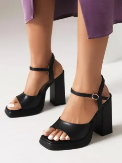 Women's Block Heel Sandals Square Toe Buckle Detail High Heel Sandals