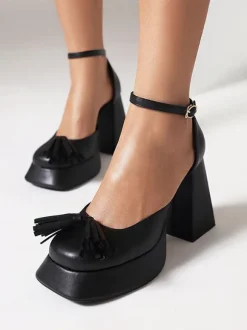 Women's Block Heels Gold Metallic Round Toe Bow Anlle Strap Pumps
