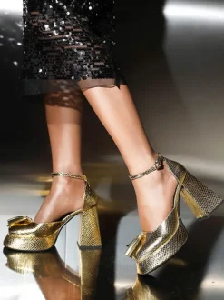 Women's Block Heels Gold Metallic Round Toe Bow Anlle Strap Pumps
