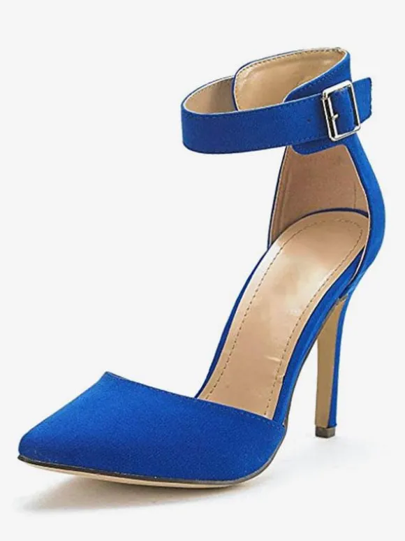 Women's Blue Ankle Strap Heel Dorsay Pointed Toe Stiletto Heel Pumps