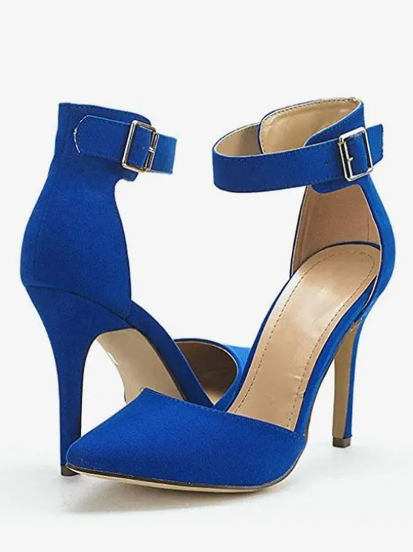 Women's Blue Ankle Strap Heel Dorsay Pointed Toe Stiletto Heel Pumps