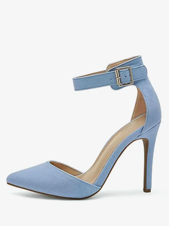 Women's Blue Ankle Strap Heel Dorsay Pointed Toe Stiletto Heel Pumps