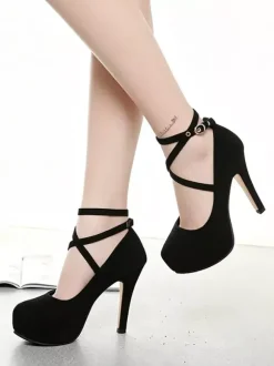 Womens Blue Platform Pumps Suede Round Toe Criss Cross Strap Stiletto Heels