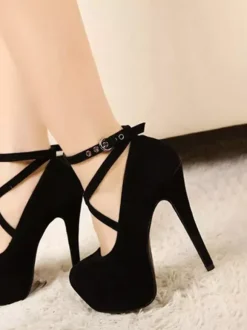 Womens Blue Platform Pumps Suede Round Toe Criss Cross Strap Stiletto Heels